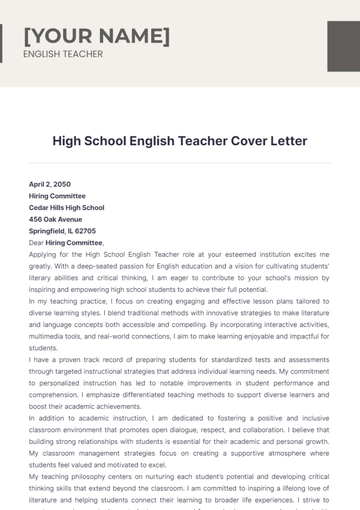 Free High School English Teacher Cover Letter to Edit Online