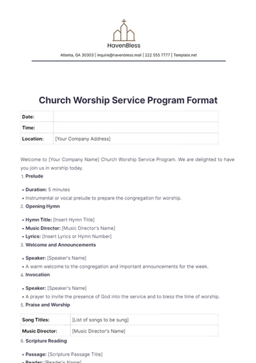 Free Church Worship Service Program Format Template to Edit Online