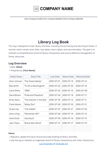 Free Library Log Book Template to Edit Online