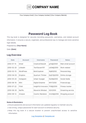 Free Password Log Book Template to Edit Online