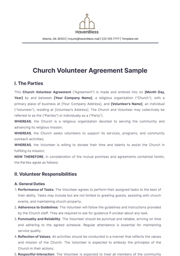 Free Church Volunteer Agreement Sample Template to Edit Online