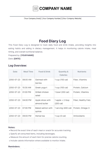 Free Food Diary Log Template to Edit Online