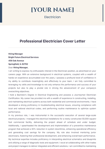 Free Professional Electrician Cover Letter to Edit Online