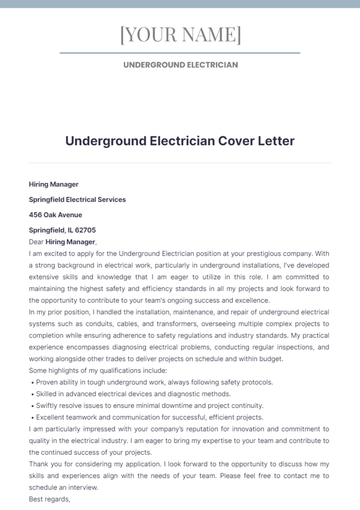 Free Underground Electrician Cover Letter to Edit Online