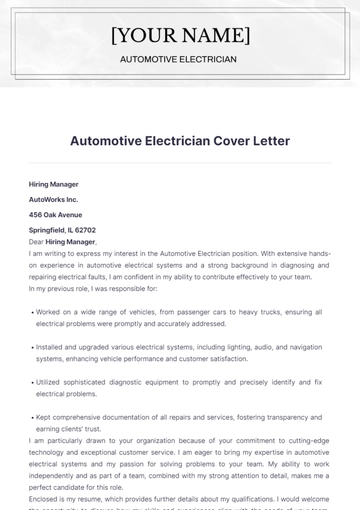 Free Automotive Electrician Cover Letter to Edit Online