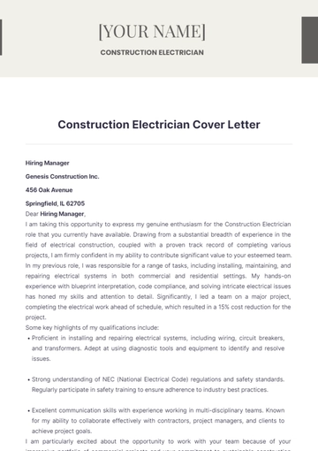 Free Construction Electrician Cover Letter to Edit Online