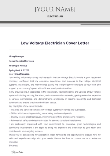 Free Low Voltage Electrician Cover Letter to Edit Online