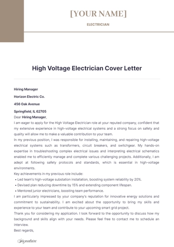 Free High Voltage Electrician Cover Letter to Edit Online