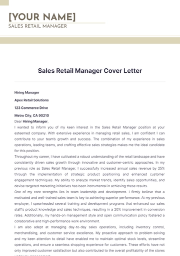 Free Sales Retail Manager Cover Letter to Edit Online