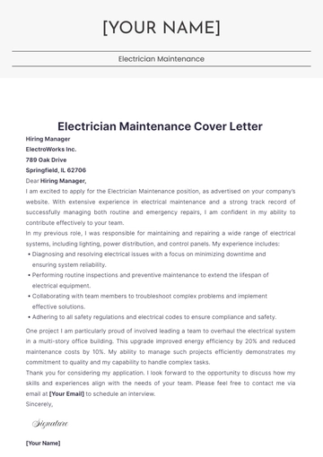 Free Electrician Maintenance Cover Letter to Edit Online