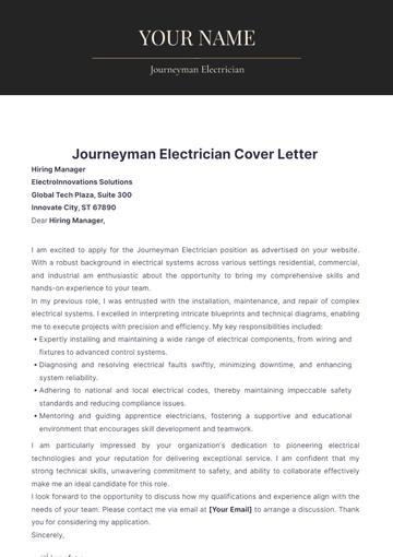 Free Journeyman Electrician Cover Letter to Edit Online