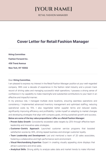 Free Cover Letter for Retail Fashion Manager to Edit Online