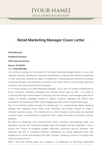 Free Retail Marketing Manager Cover Letter to Edit Online