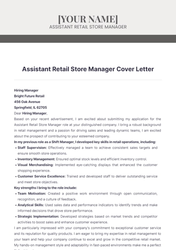 Free Assistant Retail Store Manager Cover Letter to Edit Online