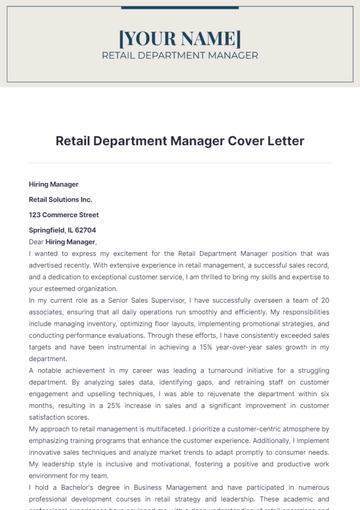 Free Retail Department Manager Cover Letter to Edit Online