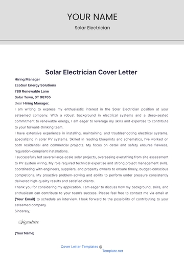 Free Solar Electrician Cover Letter to Edit Online