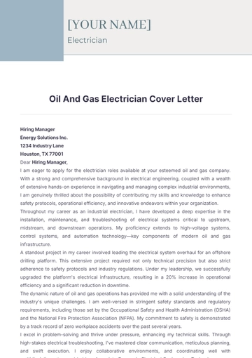 Free Oil And Gas Electrician Cover Letter to Edit Online