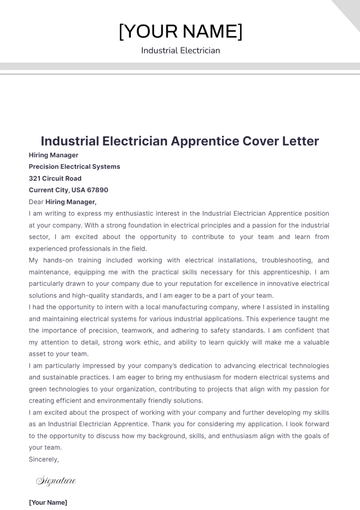 Free Industrial Electrician Apprentice Cover Letter to Edit Online