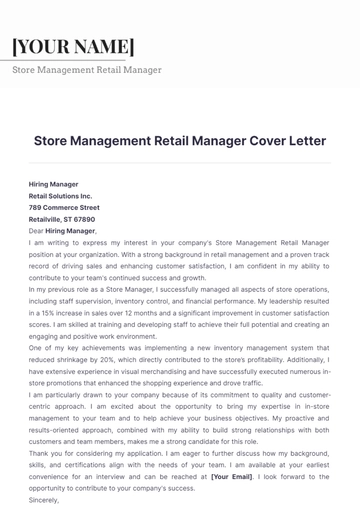 Free Store Management Retail Manager Cover Letter to Edit Online