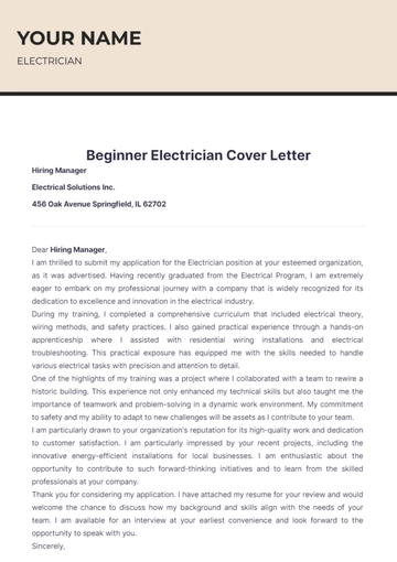Free Beginner Electrician Cover Letter to Edit Online