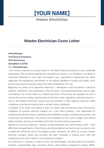 Free Master Electrician Cover Letter to Edit Online