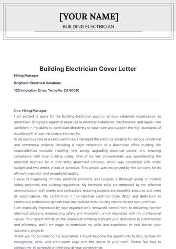 Free Building Electrician Cover Letter to Edit Online