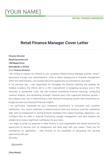 Free Retail Finance Manager Cover Letter to Edit Online