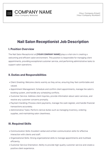 Free Nail Salon Receptionist Job Description Template to Edit Online