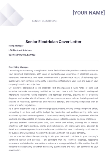 Free Senior Electrician Cover Letter to Edit Online