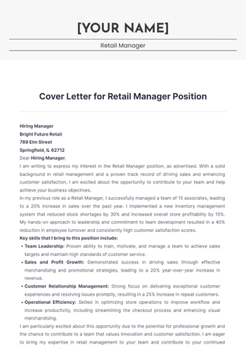 Free Cover Letter for Retail Manager Position to Edit Online