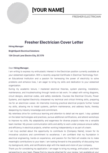 Free Fresher Electrician Cover Letter to Edit Online