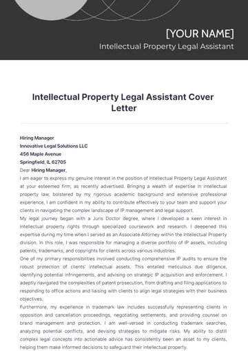 Free Intellectual Property Legal Assistant Cover Letter to Edit Online