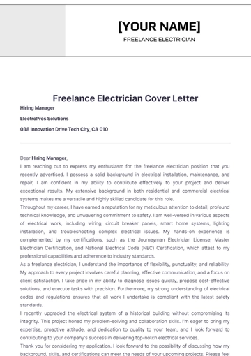 Free Freelance Electrician Cover Letter to Edit Online