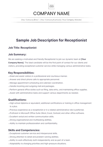 Free Sample Job Description for Receptionist Template to Edit Online