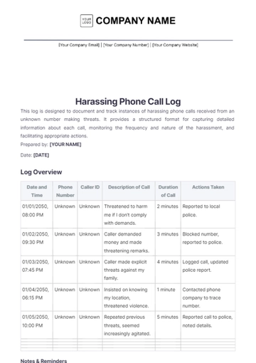 Free Harassing Phone Call Log Template to Edit Online
