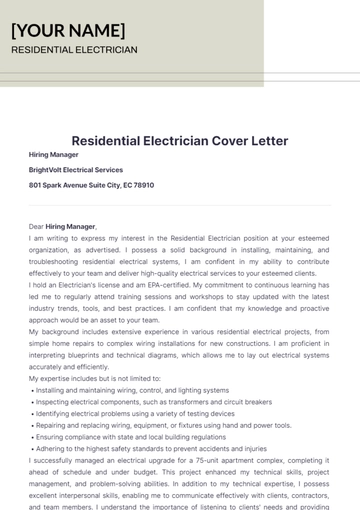 Free Residential Electrician Cover Letter to Edit Online