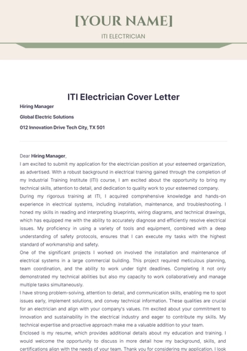 Free ITI Electrician Cover Letter to Edit Online