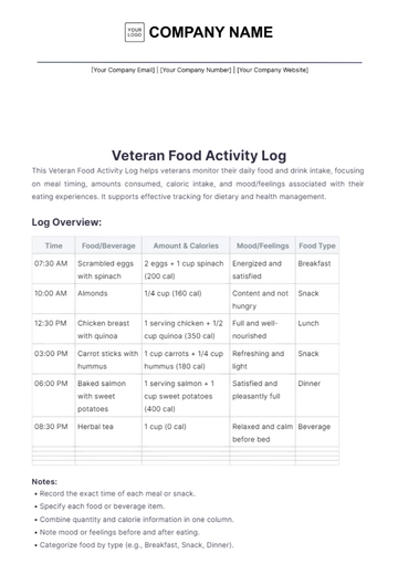 Free Veteran Food Activity Log Template to Edit Online