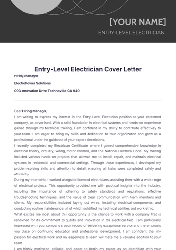 Free Entry-Level Electrician Cover Letter to Edit Online