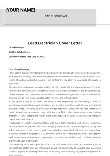 Free Lead Electrician Cover Letter to Edit Online