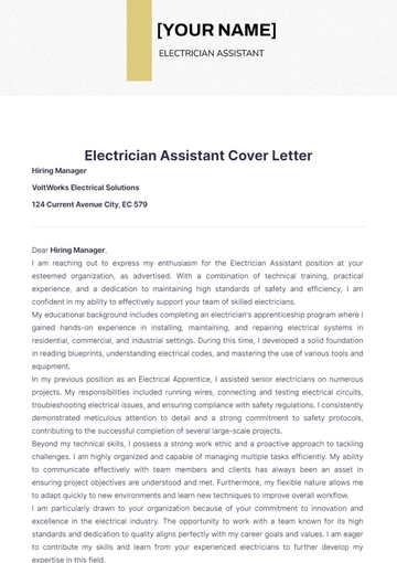 Free Electrician Assistant Cover Letter to Edit Online