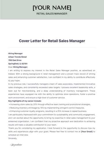 Free Cover Letter for Retail Sales Manager to Edit Online
