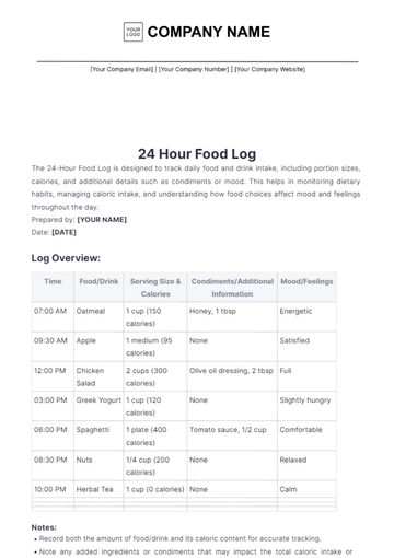 Free 24 Hour Food Log Template to Edit Online