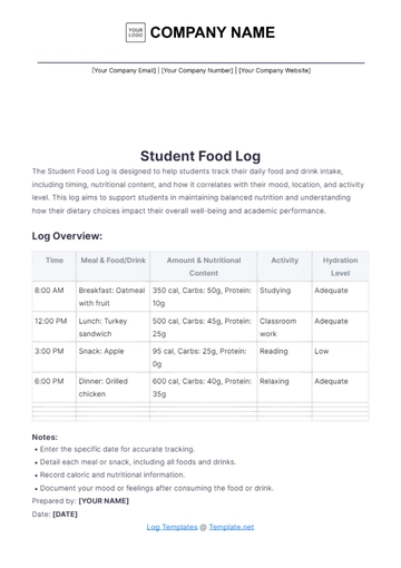 Free Students Food Log Template to Edit Online