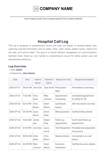 Free Hospital Call Log Template to Edit Online