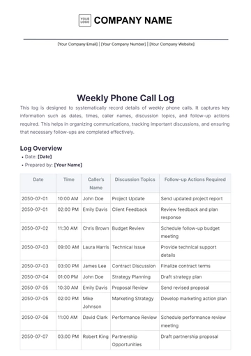 Free Weekly Phone Call Log Template to Edit Online