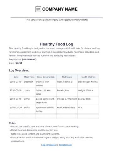 Free Healthy Food Log Template to Edit Online