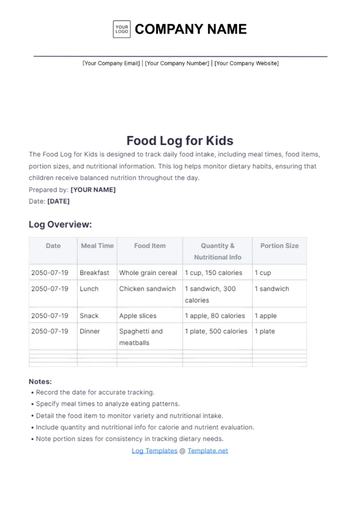 Free Food Log for Kids Template to Edit Online