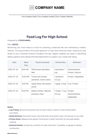 Free Food Log For High School Template to Edit Online