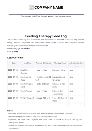 Free Feeding Therapy Food Log Template to Edit Online